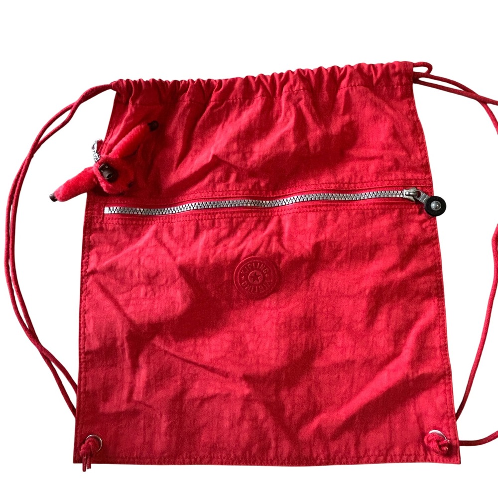 Kipling Drawstring Backpack Bag Monkey Charm Pink… - image 2